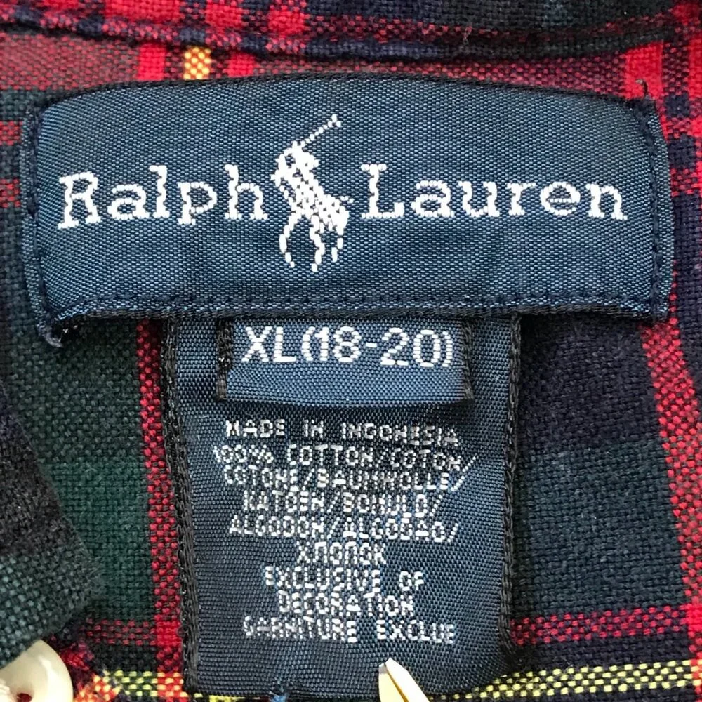 Vintage Ralph Lauren Plaid Button‎ Down Shirt Boys XL (18-20) Cotton, Christmas